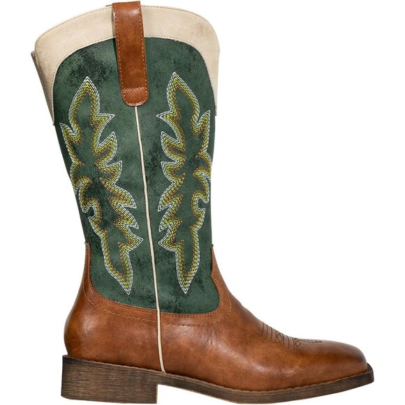 SheSole Womens Green Brown Cowboy Square Toe Cowgirl Wide Calf Western Boots - Picture 4 of 9